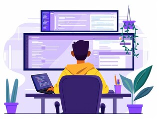 Programmer integrating API with website on a dual monitor setup, efficient web development process, advanced coding