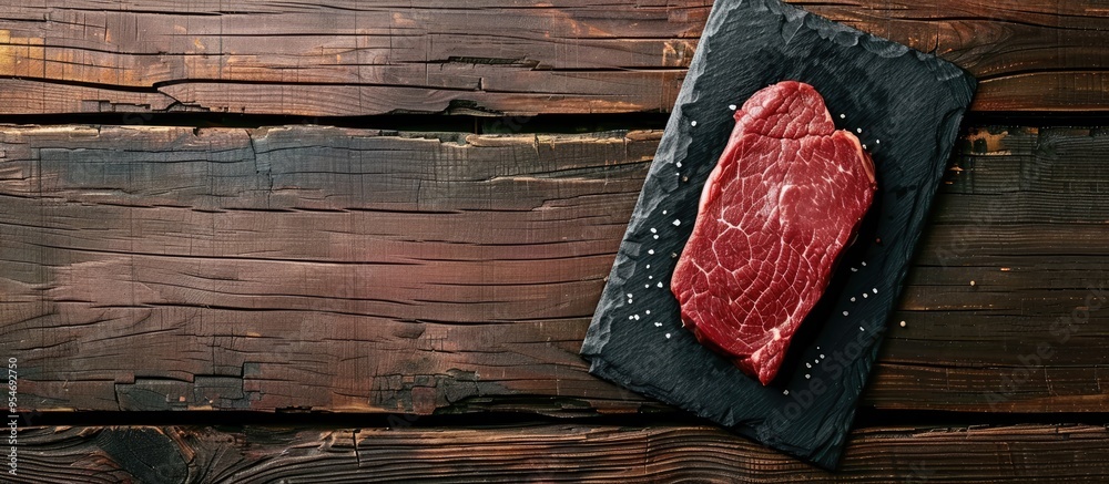 Aufkleber raw beef steak on a black slate tray set against a rustic wooden background top view copy space