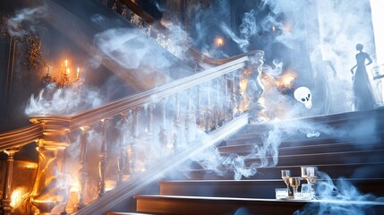 A haunted attraction with ghostly figures floating around vintage luxury decor, set against a moody watercolor backdrop