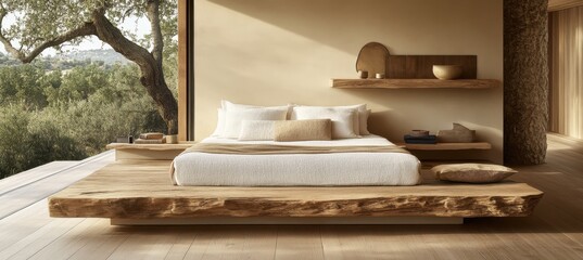 Modern, Minimalist Bedroom With Rustic Wood Bed Frame, Neutral Colors, Sunlight, and Nature View