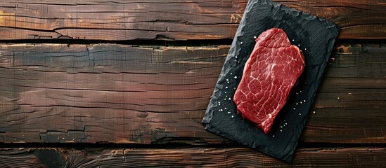Raw beef steak on a black slate tray set against a rustic wooden background top view copy space