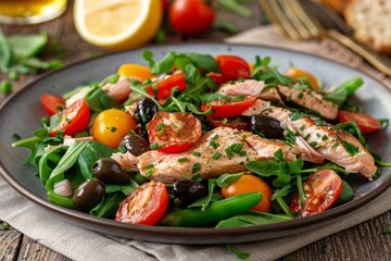Delicious Grilled Salmon Salad with Fresh Vegetables and Herbs, Healthy and Flavorful Meal