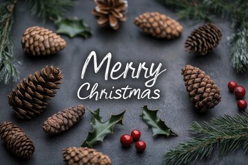Pinecone and Berry Collage: Photos of pinecones, holly berries, and evergreen branches, arranged in a rustic, natural design. The text "Merry Christmas" in a simple, natural font.