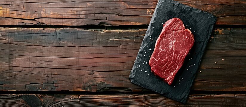 Raw beef steak on a black slate tray set against a rustic wooden background top view copy space - Powered by Adobe