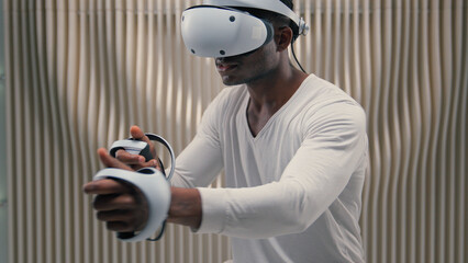 3d world African American man male guy play VR helmet virtual augmented reality futuristic online...