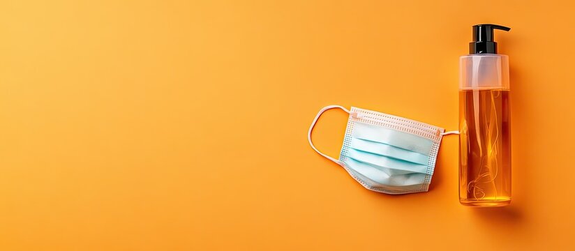 Hygiene and health precautions Surgical mask and hand sanitizer gel on an orange background. with copy space image. Place for adding text or design