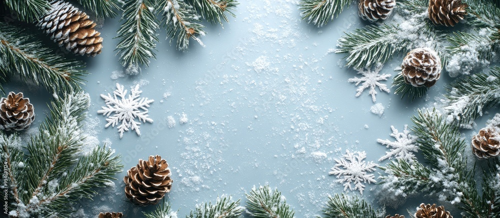 Poster winter background featuring christmas pines and decorative snowflakes. with copy space image. place 