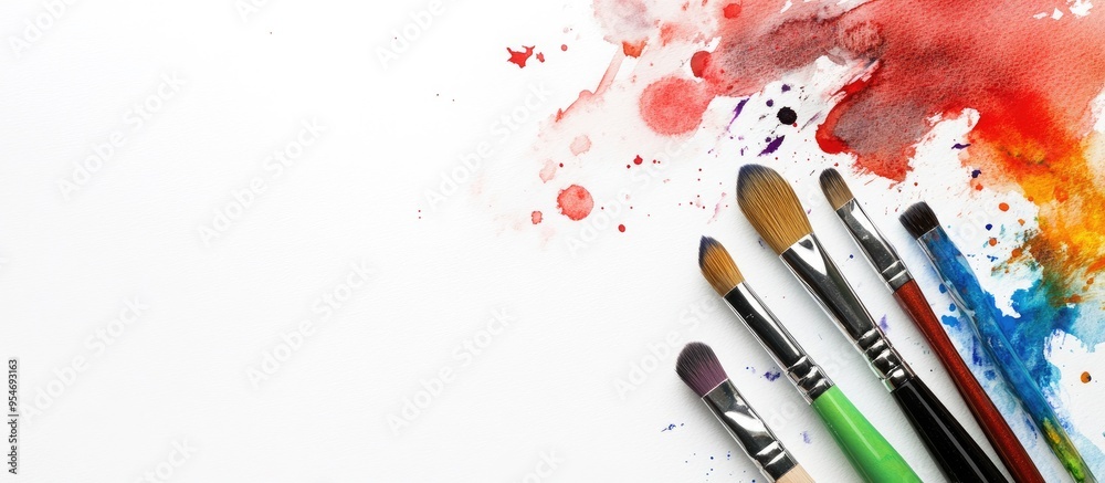 Poster drawing materials watercolor brushes and a palette on a white background. with copy space image. pla