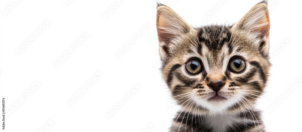 Poster Portrait of an adorable European kitten set against a white background Animal portrait. with copy space image. Place for adding text or design