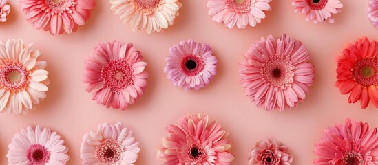 Soft beige gerbera flowers arranged in a row on a pink background A minimal modern floral concept featuring a frame Top view with pastel shades and copyspace