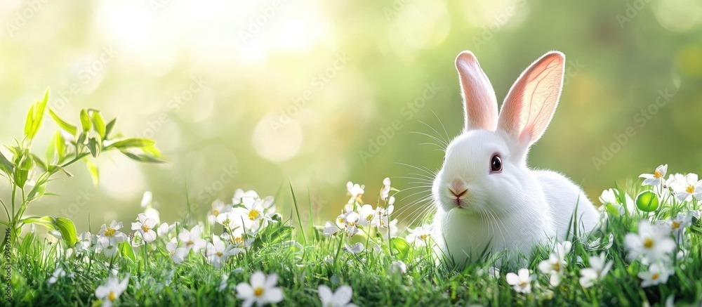 Poster Rabbits Charming art design featuring a cute little Easter Bunny Springtime flowers and green grass. with copy space image. Place for adding text or design
