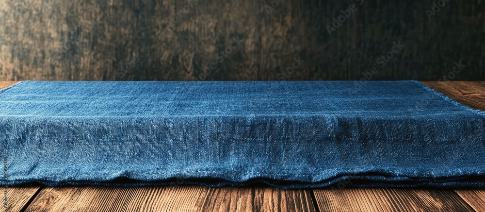 Poster A blue tablecloth or towel placed on a brown wooden table. with copy space image. Place for adding text or design