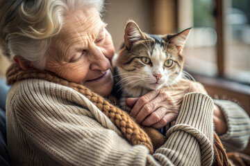 Grandmother embracing her cat with a warm smile by the window