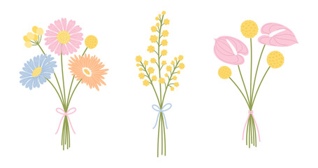 Set of bouquet wildflowers. Floral bunch. Flowers tied with ribbon, vector illustration. Meadow herbs, and wild plants for design projects