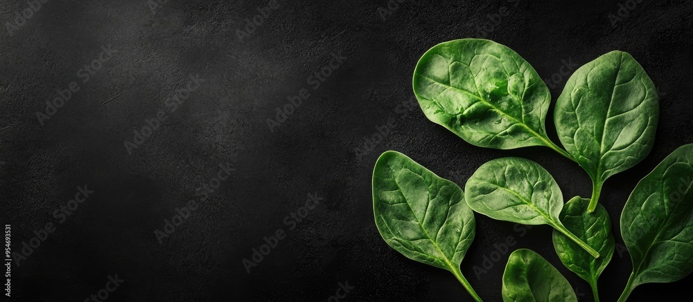 Fototapete fresh spinach leaves against a black background. with copy space image. place for adding text or des