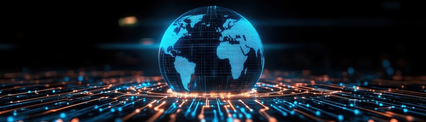Naklejka premium A futuristic representation of the Earth, showcasing glowing connections and data streams in a digital landscape.
