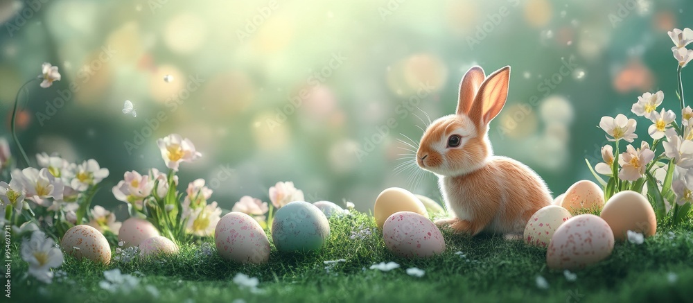 Aufkleber Easter background featuring eggs a rabbit and spring flowers on a green backdrop. with copy space image. Place for adding text or design
