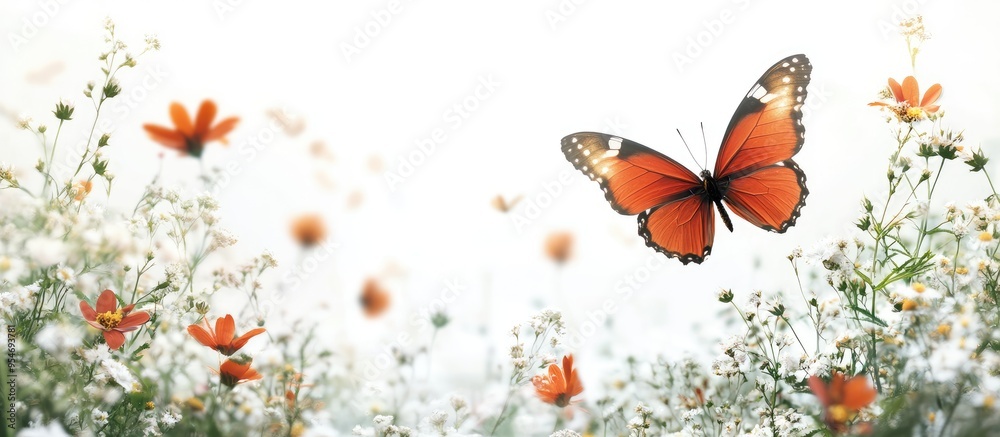 Poster the concept of nature butterfly and wildflowers. with copy space image. place for adding text or des