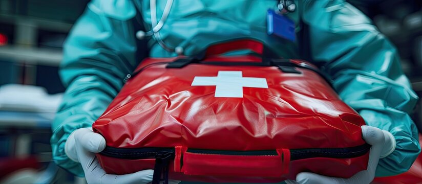 The AED is positioned upright held by the individual There is a copyspace on the floor in front of the concept This involves life saving equipment rescuers and emergency medical needs