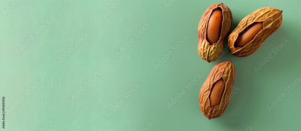 Leinwandbilder Tamarind fruit with seeds isolated on a green background featuring copy space for your text Top view Flat lay