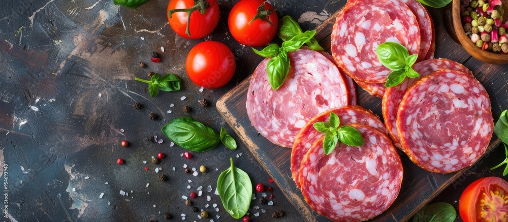 Poster mortadella slices with marinated vegetables for eating cooking or as an appetizer meal food snack on