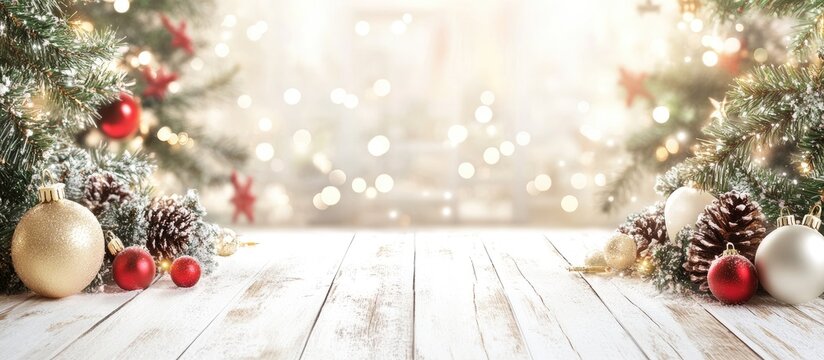 Christmas backdrop featuring holiday decorations on a white wood surface with copy space