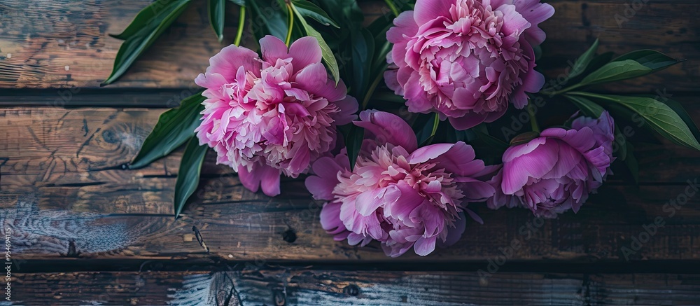 Poster pink peony flowers on a wooden surface mother s day flat lay top view. with copy space image. place 