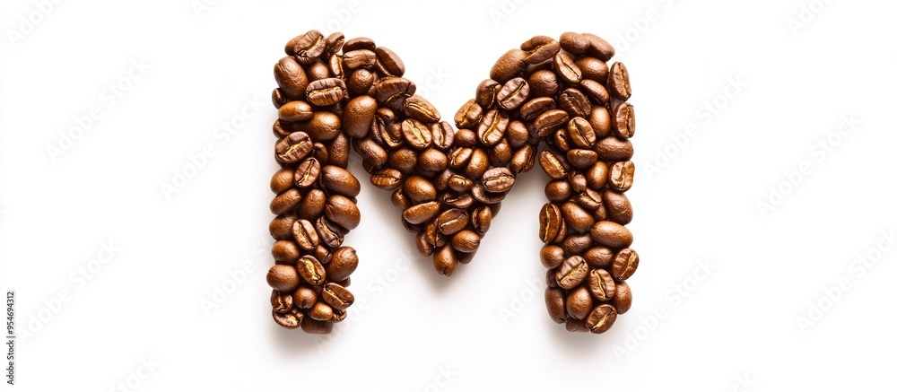 Aufkleber The letter m formed from roasted coffee beans on a white background from a top view can be used for your messages. with copy space image. Place for adding text or design