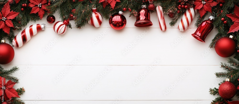 Poster xmas decoration garland frame concept background top view with copy space on a white wooden surface 