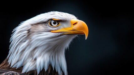Fototapeta premium Professionally lit studio featuring an eagle, with soft lighting emphasizing its sharp eyes and strong wings against a clean, minimalistic backdrop.