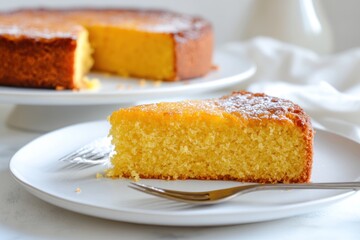 A Slice of Lemon Cake on a White Plate