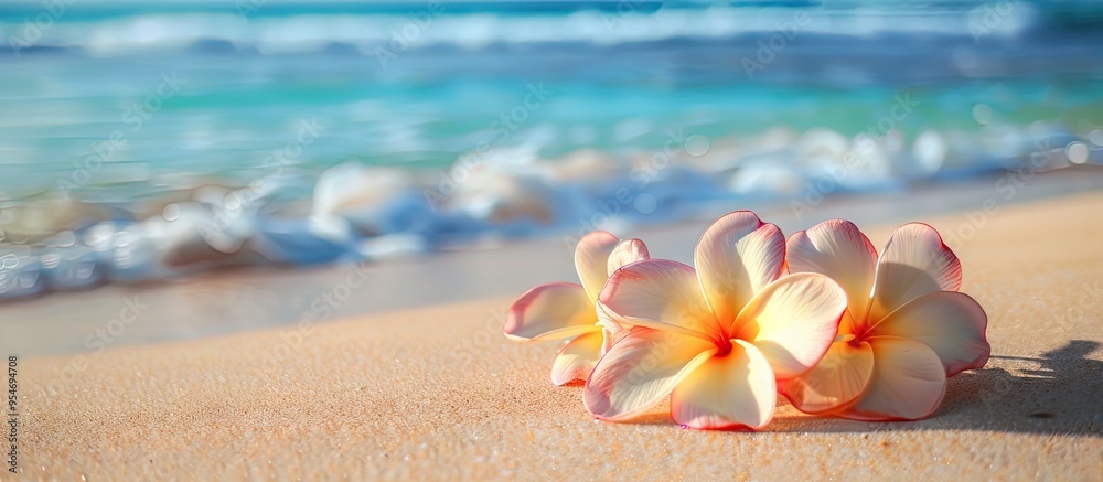 Poster multicolored plumeria on a sandy beach background. with copy space image. place for adding text or d