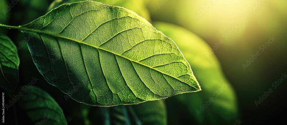 Poster close up view of a green leaf background illuminated by sunlight featuring copy space a concept for 