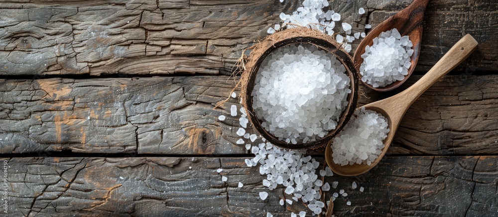 Poster sea salt in a coconut shell and a wooden spoon on a weathered wooden surface with copy space for tex