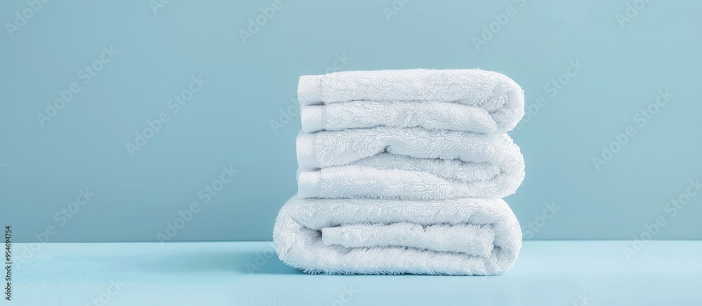 Aufkleber Cropped image of an individual arranging clean white towels on a blue surface. with copy space image. Place for adding text or design