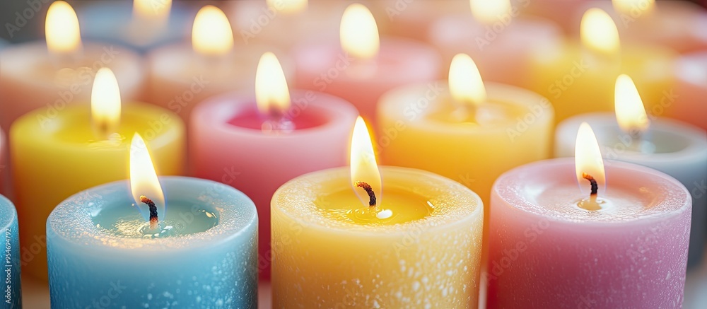 Poster white candle background for design colorful celebration candle with a close up view pink yellow whit
