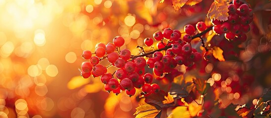 Red rowanberries and yellow foliage in autumn. with copy space image. Place for adding text or design