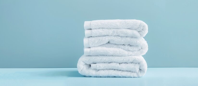 Cropped image of an individual arranging clean white towels on a blue surface. with copy space image. Place for adding text or design