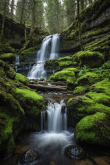 Fototapeta premium Waterfall cascading down a cliff, surrounded by moss-covered rocks