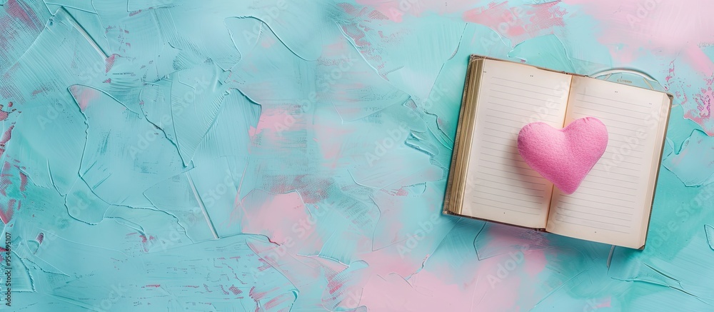 Aufkleber Top view of an open book with vintage paper featuring a space for text and a soft heart shaped toy on a pastel pink background. with copy space image. Place for adding text or design