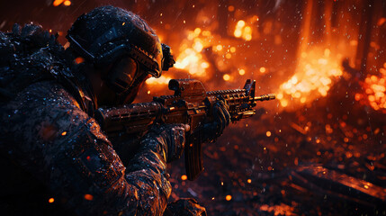 Full-length soldier crouched with a rifle, ruins of a city burning behind, intense and gripping scene with debris scattered