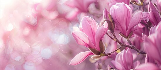 pink magnolia blossoms in spring magnolia flowering springtime plants in Uzhgorod nature rejuvenating large pink blooms close up of magnolia petals copy space