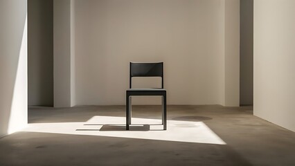 A stunning minimalist scene featuring a black chair, centered in a white-walled room. The room is devoid of any additional objects or decor, allowing the chair and its shadow to become the focal point