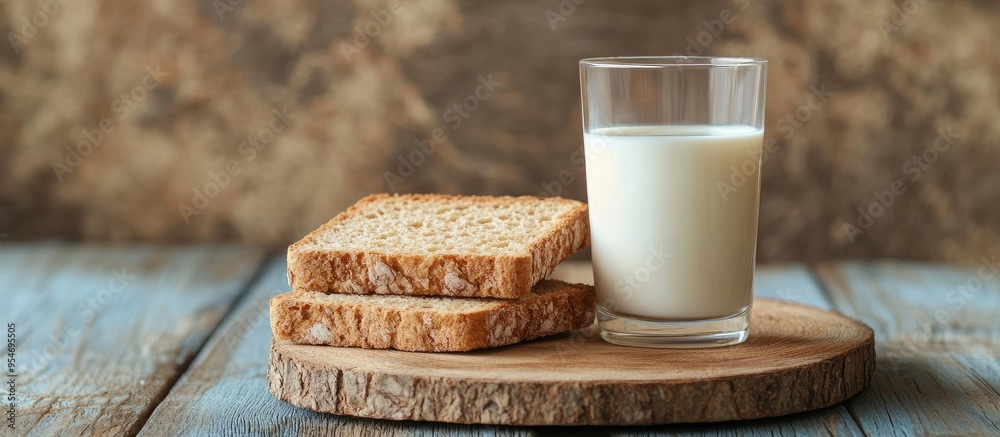 Fototapete dry rusk bread and a glass of milk set against a wooden background healthy breakfast option. with co