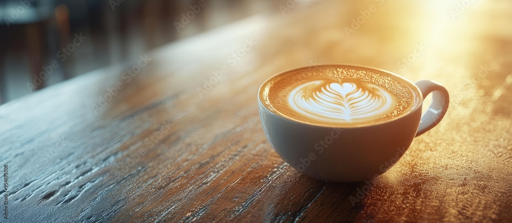 Poster Close up of latte art in hot coffee on a wooden table. with copy space image. Place for adding text or design