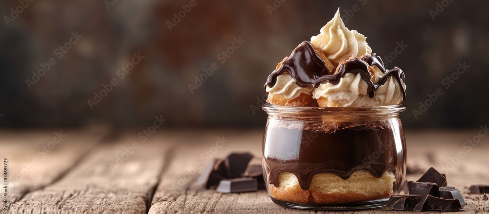 Poster homemade cake eclairs classic french profiteroles with chocolate in a glass jar dessert horizontal p