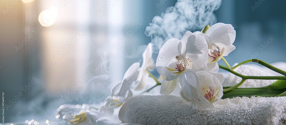 Aufkleber close up of an air humidifier towel and orchid flower concept of aromatherapy wellness and health. w