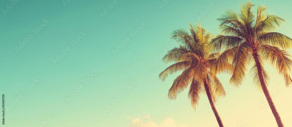 Poster copy space featuring palm trees along a tropical coast with a vintage retro summer atmosphere includ