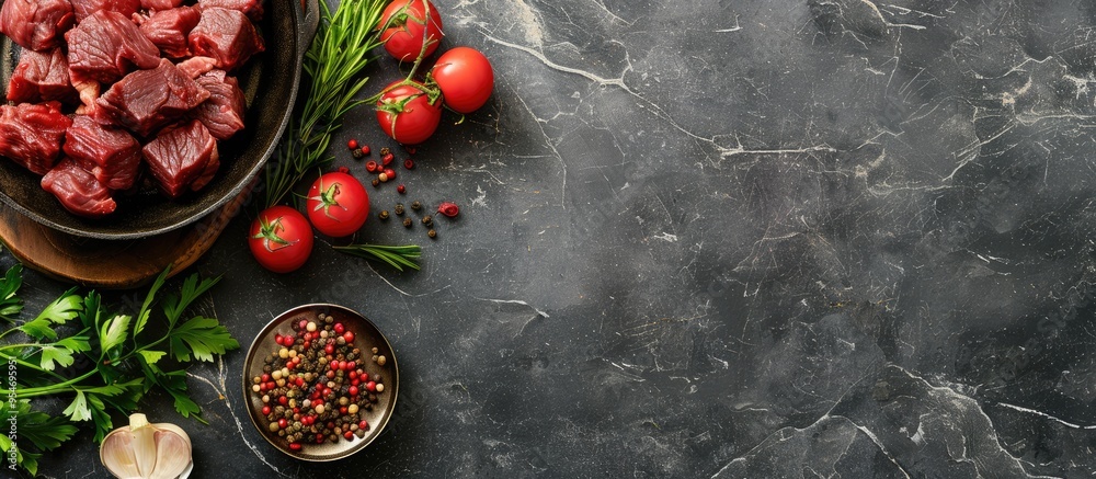 Poster fresh minced meat accompanied by cooking ingredients on a dark slate stone or concrete background to