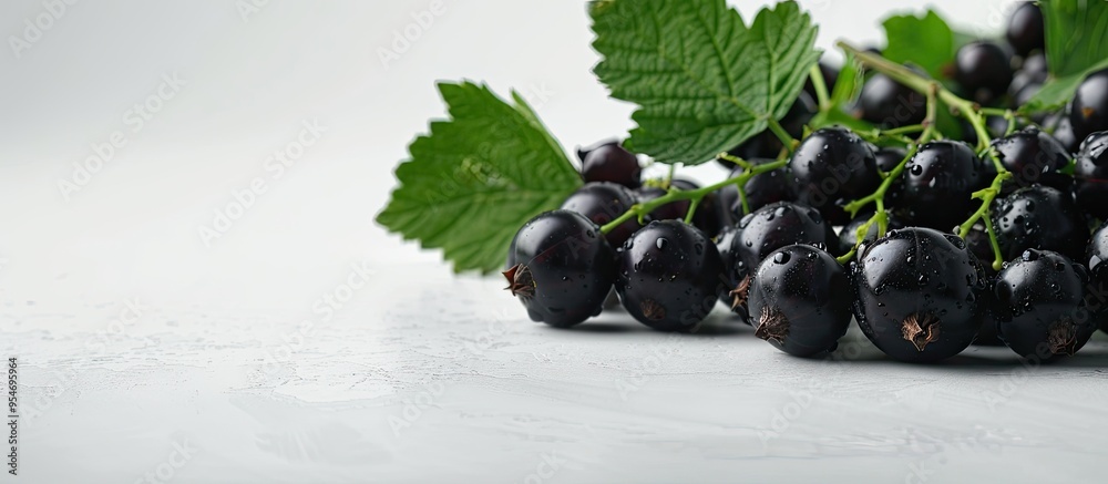 Aufkleber black currant a backdrop featuring black currants and leaves on a white surface space for text. with